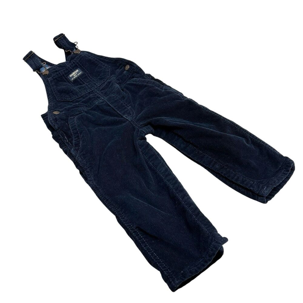 OshKosh B’Gosh Boy's Overalls Corduroy Navy Blue Plaid Lined 24 Mos Snap Leg